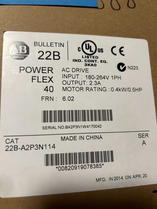 22B-A2P3N114 New Allen-Bradley AB PowerFlex 40- 0.4 kW (0.5 HP) AC Drive