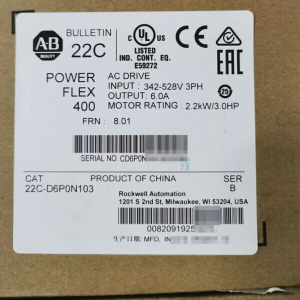 22C-D6P0N103 New Allen-Bradley AB PowerFlex 400- 2.2 kW (3 HP) AC Drive