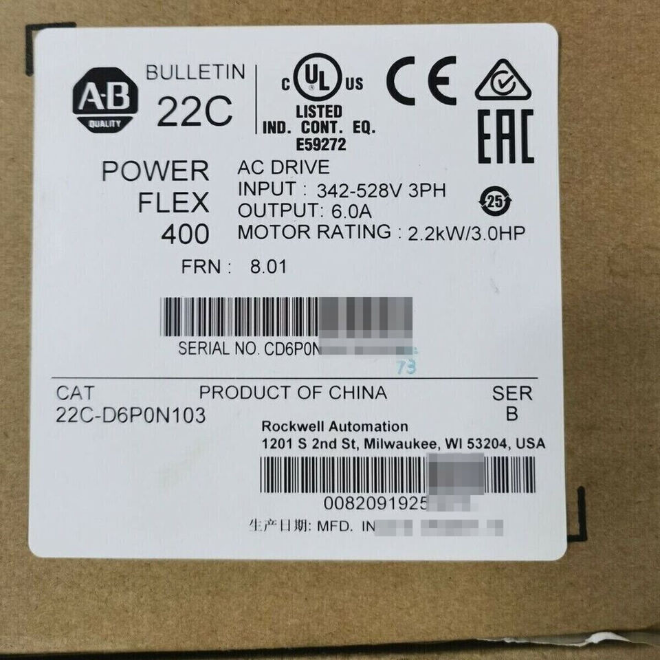 22C-D6P0N103 New Allen-Bradley AB PowerFlex 400- 2.2 kW (3 HP) AC Drive