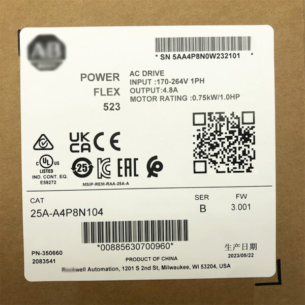 25A-A4P8N104 New Allen-Bradley AB PowerFlex 523 0.75kW (1Hp) AC Drive